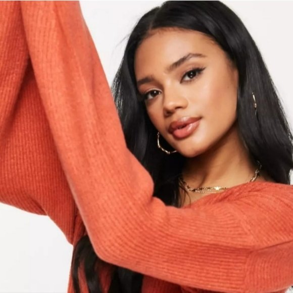 ASOS Threadbare Pumpkin Spice V-Neck Ribbed Relaxed-Fit Sweater - Picture 3 of 15